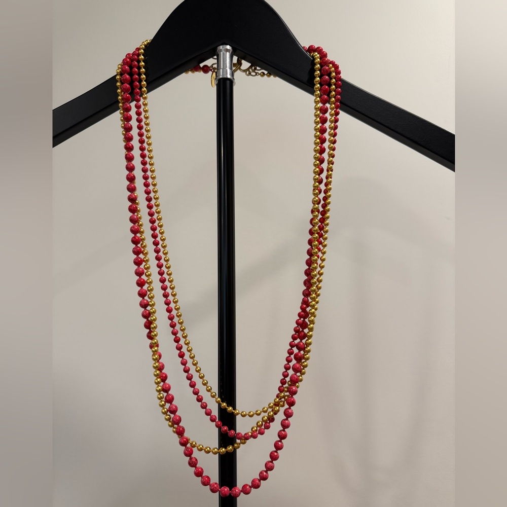 Vintage Georgiou Gold and Red/Pink Speckled Multi-Strand Beaded Necklace